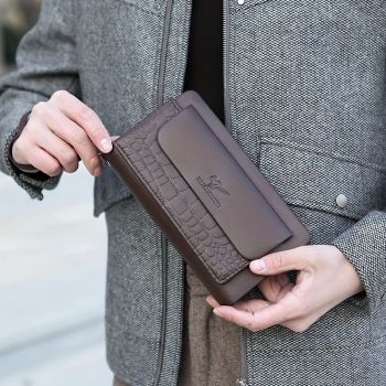 men's business clutch, double zipper handbag, large capacity phone bag, men's accessories, leather clutch bag, business travel wallet, minimalist clutch - Brown - Size L