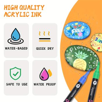 24-Pack Dual-Tip Acrylic Paint Markers, 48 Colors   Double brush tips, dual-color acrylic paint pens   Suitable for use on various surfaces by adults:   stone, wood, rock, canvas, plastic, glass, ceramic, and more.