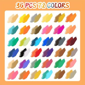 36-Pack Dual-Tip Acrylic Paint Markers, 72 Colors   Double brush tips, dual-color acrylic paint pens   Suitable for use on various surfaces by adults:   stone, wood, rock, canvas, plastic, glass, ceramic, and more.
