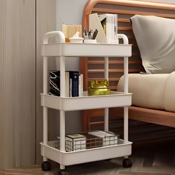 Four-Tier Rolling Cosmetics Storage Rack - Made of durable plastic, equipped with 360-degree swivel casters, strong load-bearing capacity - Suitable for bathroom, bedroom, kitchen, and home storage | White