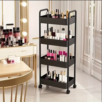 Three-Tier Rolling Cosmetics Storage Rack - Made of durable plastic, equipped with 360-degree swivel casters, strong load-bearing capacity - Suitable for bathroom, bedroom, kitchen, and home storage | White