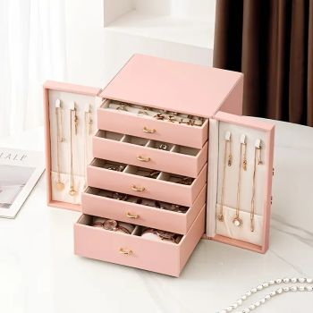 White   1 Large Faux Leather Jewelry Storage Box with 5 Drawers and Gold Handles - An elegant rectangular storage space for rings, necklaces, bracelets, earrings, and watches - Features soft fabric lining, side door design, textured surface finish - Luxur