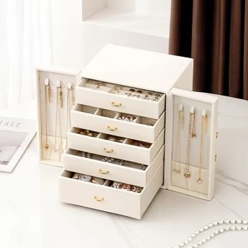 Blue  1 Large Faux Leather Jewelry Storage Box with 5 Drawers and Gold Handles - An elegant rectangular storage space for rings, necklaces, bracelets, earrings, and watches - Features soft fabric lining, side door design, textured surface finish - Luxury 