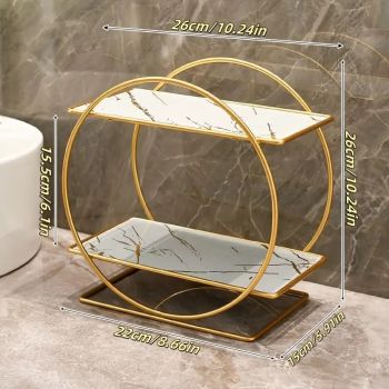 Elegant Golden Two-Tier Metal Cosmetic Organizer Stand - Luxury Countertop Makeup and Skincare Storage Shelf, Ideal for Bathroom Vanity, Home Decor, Dressing Table Accessories, and Perfume Storage