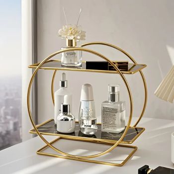 （White second floor）Elegant Golden Two-Tier Metal Cosmetic Organizer Stand - Luxury Countertop Makeup and Skincare Storage Shelf, Ideal for Bathroom Vanity, Home Decor, Dressing Table Accessories, and Perfume Storage