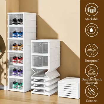 3-Tier Stackable Shoe Storage Box Set, featuring easy-access front-opening waterproof transparent plastic storage bins with no assembly required - perfect for closets and entryways.
