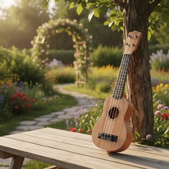 Mahogany color 17-inch Playable Ukulele Mini Guitar, lightweight and portable. Features comfortable nylon strings, includes a pick, and has open-style tuning pegs for precise tuning. Suitable for beginners and music enthusiasts, a popular gift choice for 
