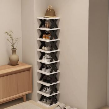  6-Tier Foldable White/Orange Shoe Rack, space-saving vertical design for entry halls, living rooms, bedrooms, closets, balconies—an essential organizing storage shelf for college dormitories.