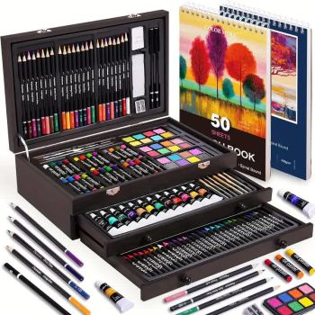 Pink 175-Piece Deluxe Art Set with 2 Drawing Boards, Wax Crayons, Acrylic Paints, Colored Pencils, Wooden Storage Case – Professional Painting Kit, Art Supplies, Ideal Gift for Christmas, Halloween, and Back-to-School Season