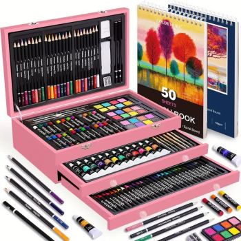 Black 175-Piece Deluxe Art Set with 2 Drawing Boards, Wax Crayons, Acrylic Paints, Colored Pencils, Wooden Storage Case – Professional Painting Kit, Art Supplies, Ideal Gift for Christmas, Halloween, and Back-to-School Season