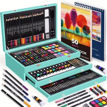  Wood color 175-Piece Deluxe Art Set with 2 Drawing Boards, Wax Crayons, Acrylic Paints, Colored Pencils, Wooden Storage Case – Professional Painting Kit, Art Supplies, Ideal Gift for Christmas, Halloween, and Back-to-School Season