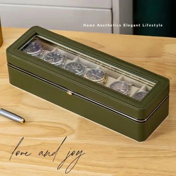 Luxury transparent-lid watch box with 6 fabric-lined compartments, portable and shockproof design, suitable for both men and women. Ideal for home, travel, or gifting—a refined storage solution for fine watches and jewelry. (Black)