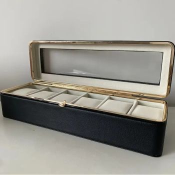 Luxury transparent-lid watch box with 6 fabric-lined compartments, portable and shockproof design, suitable for both men and women. Ideal for home, travel, or gifting—a refined storage solution for fine watches and jewelry. (brown)