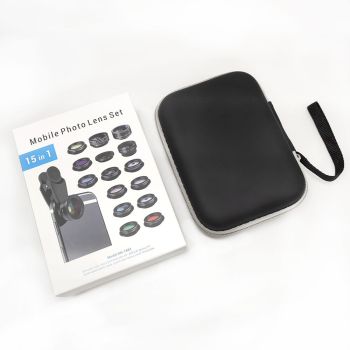 15-in-1 kit with multiple special effects functions, compatible with iPhone and Android smartphones. Includes: 198 fisheye, 0.63x wide angle, 15x macro, 2x telephoto, CPL polarizer, kaleidoscope lens, star filter, mist filter, radial filter