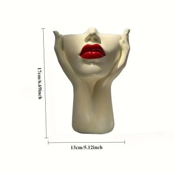 Gazing Muse — "Hands-on Beauty" Resin Brush Holder with Sculpted Bust Design.1 Piece Elegant Resin Makeup Brush Holder with Red Lips Design - Lightweight Synthetic Cosmetics Organizer Box, Standalone Desktop Storage Case for Bathroom or Dressing Table