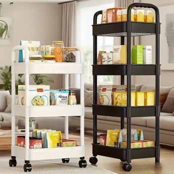 Five-Tier Rolling Cosmetics Storage Rack - Made of durable plastic, equipped with 360-degree swivel casters, strong load-bearing capacity - Suitable for bathroom, bedroom, kitchen, and home storage | White
