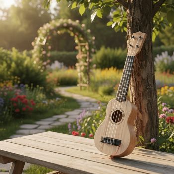 Wood color 17-inch Playable Ukulele Mini Guitar, lightweight and portable. Features comfortable nylon strings, includes a pick, and has open-style tuning pegs for precise tuning. Suitable for beginners and music enthusiasts, a popular gift choice for holi