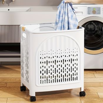 A wheeled foldable plastic laundry basket, suitable for dirty clothes and easy to move. It features a breathable design for convenience and practicality.