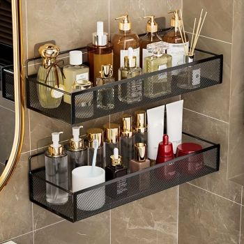  Wrought Iron Bathroom Storage Basket, Wall-Mounted Self-Adhesive Toothbrush Holder, Cosmetic & Condiment Shower Shelves, Kitchen & Bathroom Decorative Accessories/ WHITE