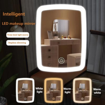 Portable LED light strip makeup mirror, very suitable for home, travel and office use. High-definition mirror surface, metal frame, intelligent touch button, three-color light switching, adjustable brightness, USB power supply