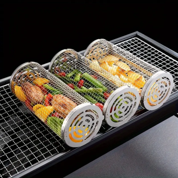 2-Pack Stainless Steel Rotating Grill Baskets with Removable Wooden Handle – Durable 304 Mesh for Veggies, Prawns & More – Perfect for BBQ, Camping & Outdoor Cooking, Great Gift for Dad or Husband
