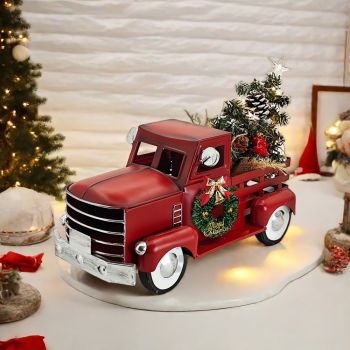 Christmas ornament, red truck ornament, LED lit Christmas tree, vintage Christmas decor, iron metal ornament, holiday decoration, Australian Christmas, tabletop decor - Red - Size L