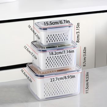 9-piece set (3 containers + 3 lids + 3 draining baskets) plastic food storage box - leak-proof, freezer-safe, reusable multi-functional kitchen storage box, suitable for fruits, vegetables and most foods