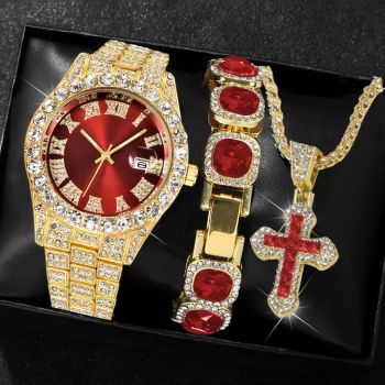 Men'S Watch Set Luxury Men'S Watch Artificial Gemstone Bracelet Cross Necklace - Blue - Size 1