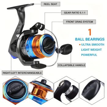 Proberus fishing rod reel set, including spinning reel, 1.8-meter fishing rod, fishing line, artificial bait, lead weight hook, complete set with storage bag