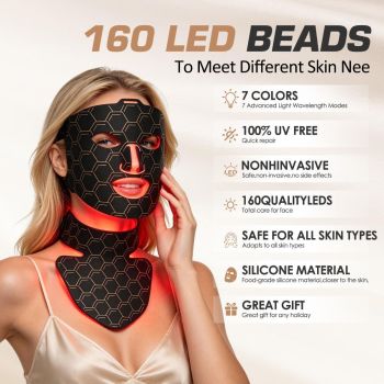 Red Light Therapy for Face and Neck Mask,160 LED Beads Silicone Facial Light Therapy,Rechargeable Portable LED Skincare Mask with Remote Control,Timer & 3 Adjustable Brightness