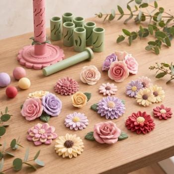 Clay-Free Version 3D Promted Flower Modular Clay Bloom Maker with 9 Shaping Sleeves Reusable Press Mold,Effortlessly make unique layered clay flowers for beginners and DIY lovers - White