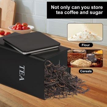 3Pcs Tea Coffee Sugar Canisters Set, Metal Coffee and Sugar Containers, Versatile Kitchen Storage Jars with Airtight Lids, Space Saving Food Canisters Set for Home Kitchen (Black)