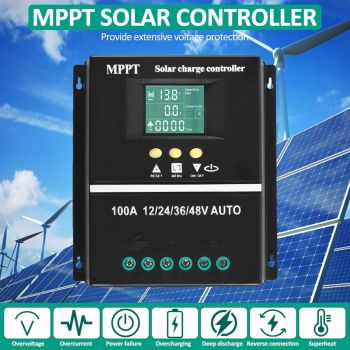 MPPT 36V/48V/24V/12V Solar Charge Controller Tools LCD Dual USB Lead Acid Lithium Batteries Quick Charger - Black - Size 100A