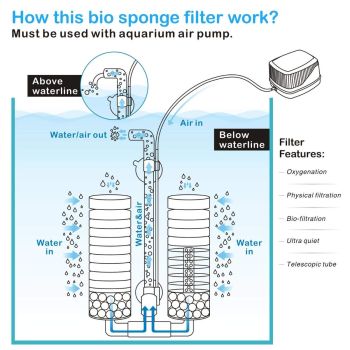 Aquarium Double Sponge Filter, Comes with 2 Spare Sponges - Black - Size M