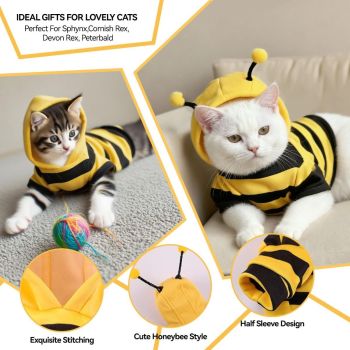 Bumblebee Cat Costume for Sphynx & Small Dogs, Fit Halloween, Yellow, Cute Bee Stripes Hoodie, Soft Warm Fleece, Holiday Cosplay Outfit, Daily Leisure Wear, Easy to Put, Safe for Leash Walking - Yellow / S
