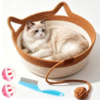 Cat Basket Hand-Woven Cat Bed Cat-Ear Handles Cotton Rope Cat Bed Indoor Cat - Brown - Size L