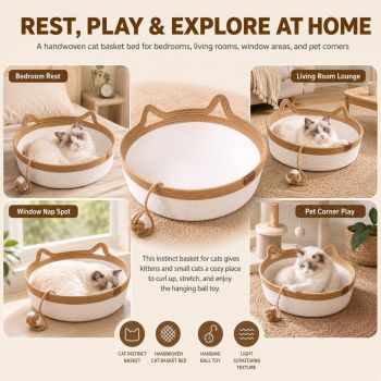Cat Basket Hand-Woven Cat Bed Cat-Ear Handles Cotton Rope Cat Bed Indoor Cat - Gray - Size L
