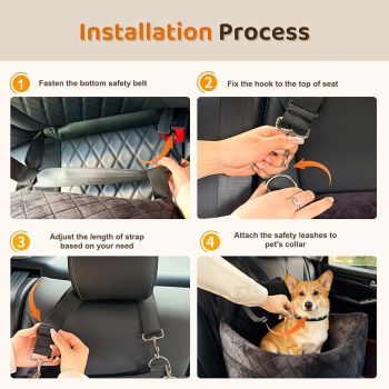 Portable Pet Car Seat Booster for Small Dogs and Cats, Elevated Design with Safety Belts and Storage Pocket, Perfect for Travel and Outdoor Adventures (Black)