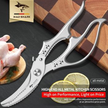 Heavy Duty Kitchen Shears, Poultry Scissors for Cutting Chicken Bones, German Stainless Steel, All-Metal Design, Spring-Loaded, Dishwasher Safe (Silver)