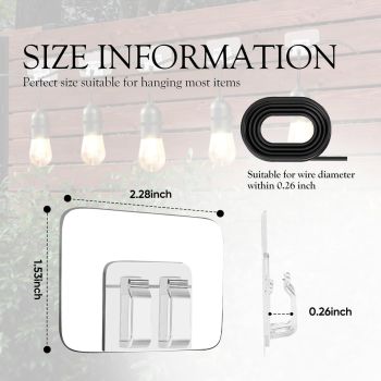100PCS Heavy Duty Clear Adhesive Hooks for Outdoor String Lights, Cable Management Clips, Waterproof & UV-Resistant Wire Organizer for Holiday Decor (Transparent)