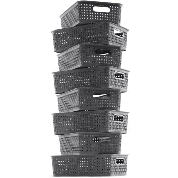8-Pack Woven Plastic Storage Baskets for Bathroom Vanity, Kitchen Pantry & Office Desk Organization (Grey) 