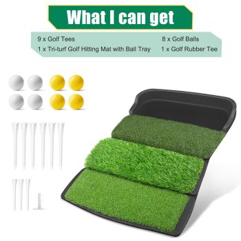 Foldable 4-in-1 Golf Practice Mat with Ball Tray – 24.5x17in Tri-Turf Hitting Pad for Indoor & Outdoor Training, Includes 8 Balls & 9 Tees (Green)