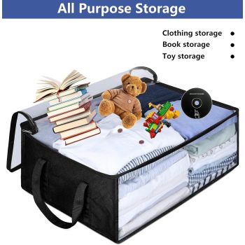 Large Capacity Foldable Hat Organizer Storage Box with Clear See-Through Window for Baseball Caps, Clothes, Toys, and Books, Underbed and Closet Container (Black)