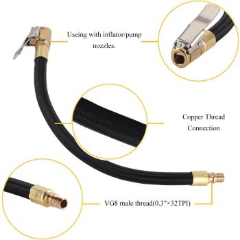 2PCS Tire Inflator Extension Hose with Quick Connect Chuck, Universal Air Pump Adapter for Car, Motorcycle, Bicycle, Heavy-Duty Nylon & Copper (Black)