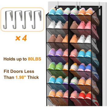 Over the Door Shoe Organizer with 20 Mesh Pockets, Heavy Duty Hanging Shoe Rack for 30 Pairs, Space Saving Closet Storage for Sneakers Boots (Black)