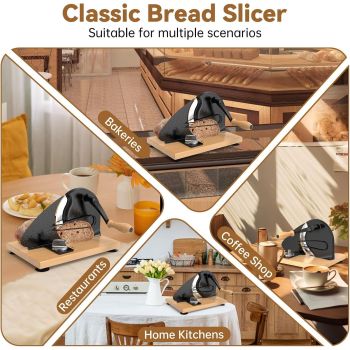 Manual Bread Slicer with Adjustable Thickness, Hand Crank Slicer for Homemade Sourdough, 304 Stainless Steel Blade, Wood Base, for Home & Bakery (Black)