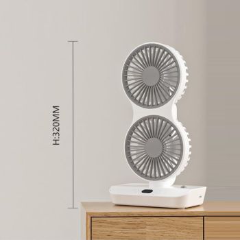 Dual-Head Auto-Oscillating Desktop Fan for Office & Bedroom, USB Rechargeable Portable Cooling with LED Display (White)