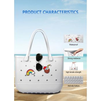 EVA Beach Tote Bag for Swimming, Pool & Travel – Waterproof Washable Rubber Handbag with 2 Random Charms, Lightweight & Sand-Resistant (White)  | Other Colors Available in Store
