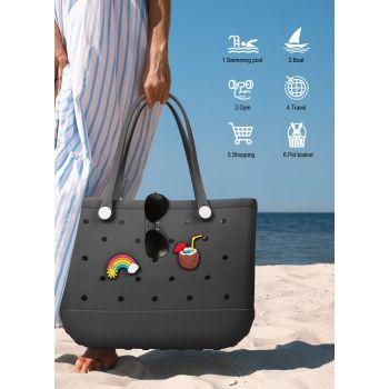 EVA Beach Tote Bag for Swimming, Pool & Travel – Waterproof Washable Rubber Handbag with 2 Random Charms, Lightweight & Sand-Resistant (Black) | Other Colors Available in Store
