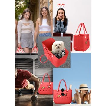 EVA Beach Tote Bag for Swimming, Pool & Travel – Waterproof Washable Rubber Handbag with 2 Random Charms, Lightweight & Sand-Resistant (Red)  | Other Colors Available in Store 